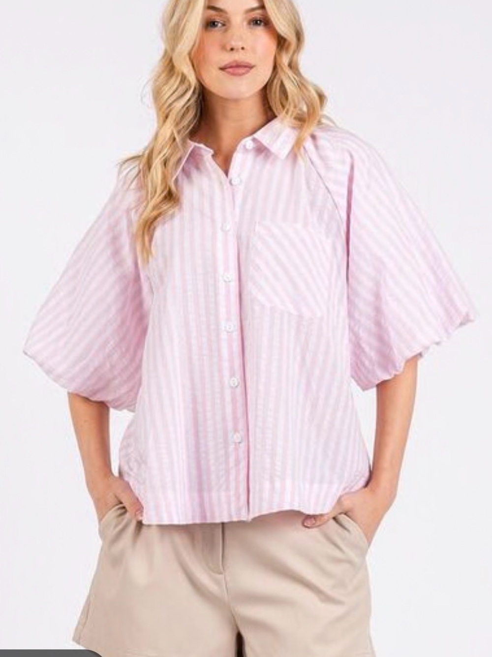 MITTOSHOP BUTTON DOWN STRIPED PUFF SLEEVE SHIRT, Size L, NWT **See Comments**